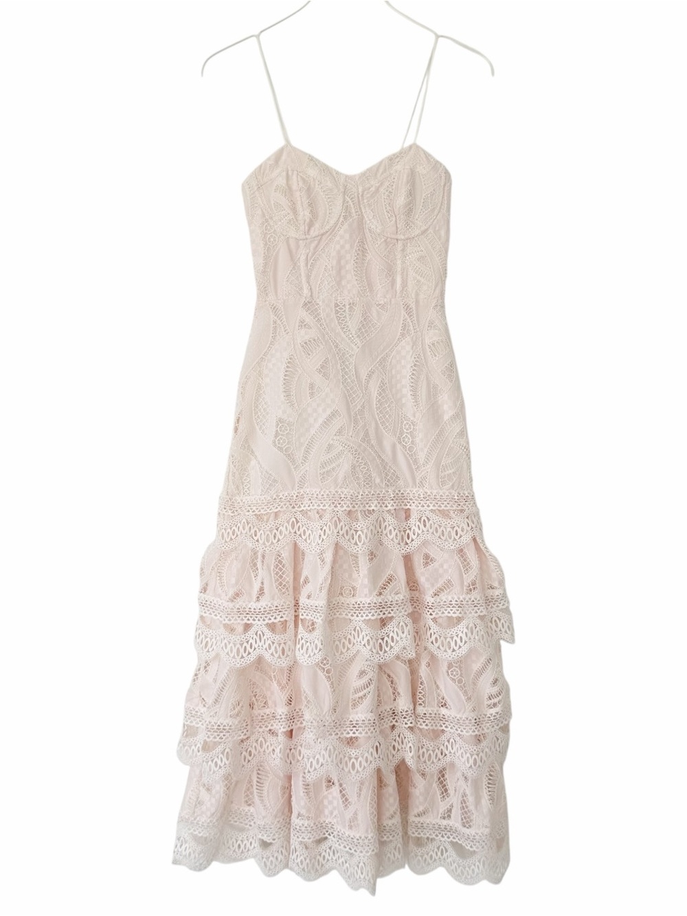 NWOT PatBo Aura Lace Flutter White Light Pink Bridal Midi Dress Size 0 - Picture 4 of 13